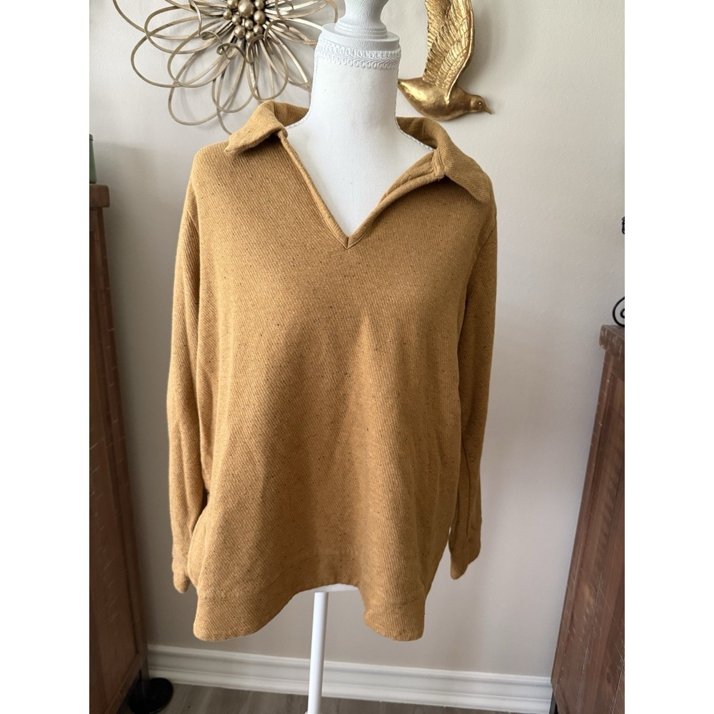 Pure Jill Womens L Petite Mustard Heathered Collared‎ Knit Pullover Sweater